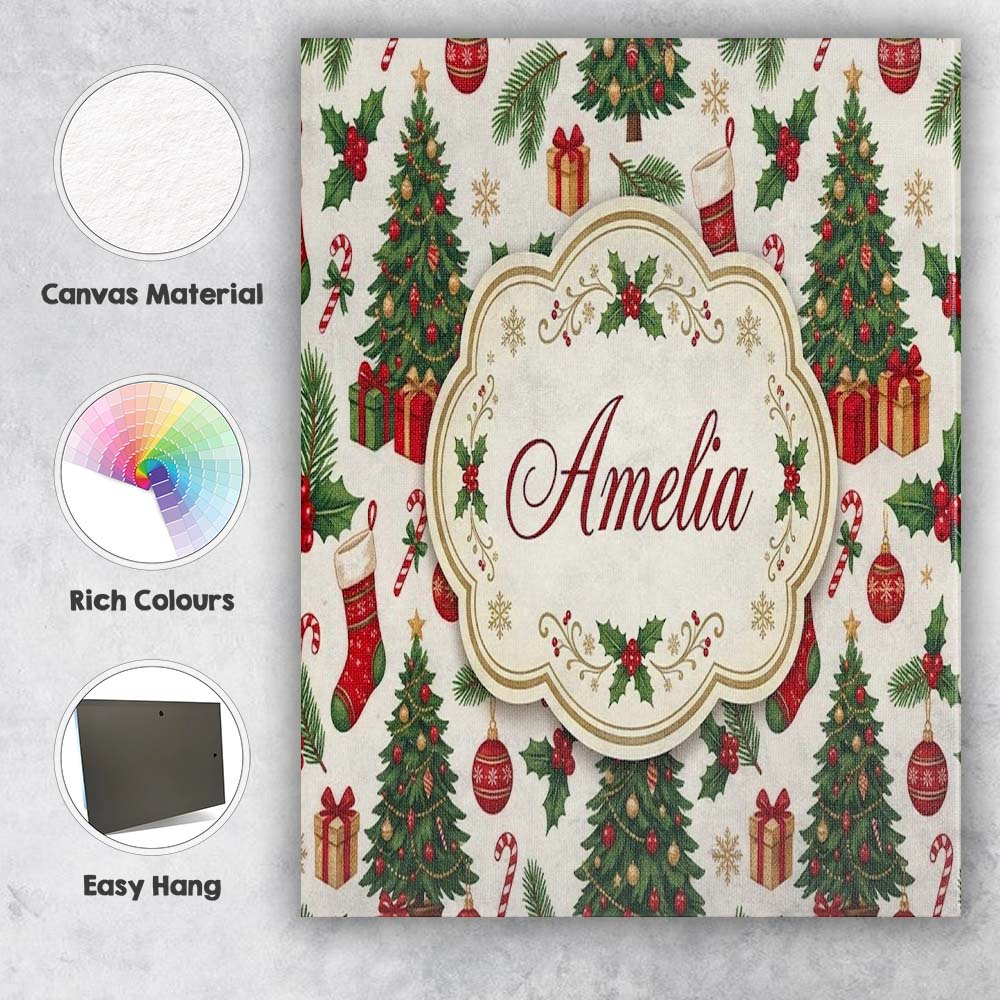 Personalised Name Christmas Holly Gift Tree Custom  Bespoke Interior Contemporary Canvas Wall Art Print Decor Picture Ready to Hang
