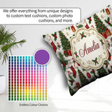 Custom Name Christmas Holly Tree Bell Festive Seamless Pattern Square Filled Cushion Throw Pillow Sofa Bed Home Decor Zip Washable UK Made