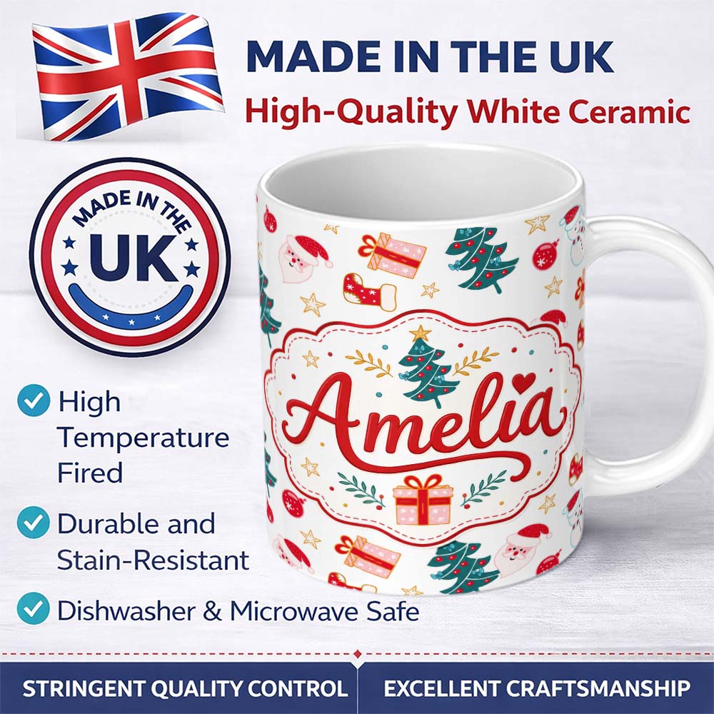 Personalized Custom Name Cute Snowman Santa Tree Gifts Stars Holiday Seamless Pattern Lovely 11oz Ceramic Coffee Tea Mug White Large Handle