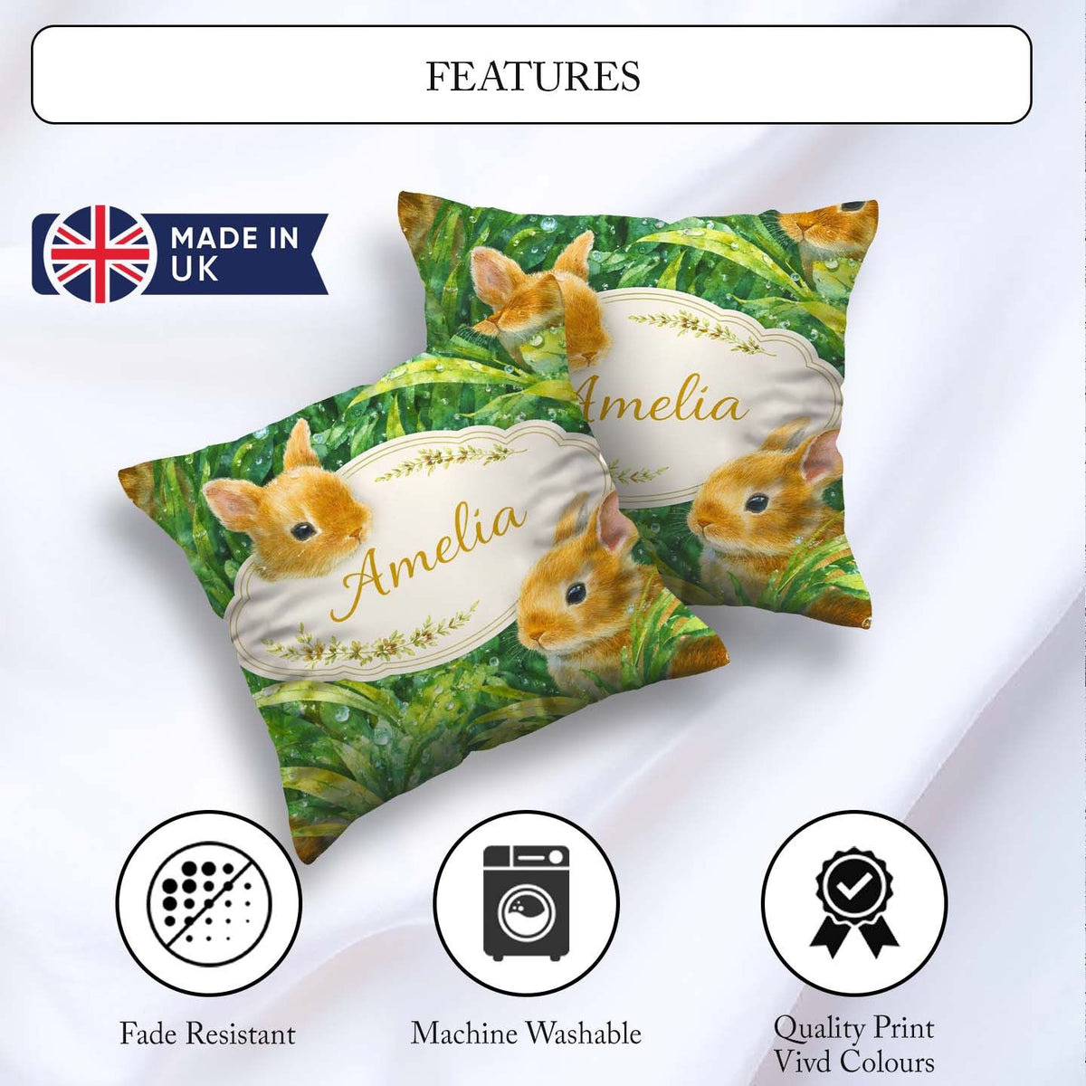 Custom Name Bunny in Leaves Seamless Pattern Cute Animal Nature Square Filled Cushion Throw Pillow Sofa Bed Home Decor Zip Washable UK Made