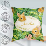 Custom Name Bunny in Leaves Seamless Pattern Cute Animal Nature Square Filled Cushion Throw Pillow Sofa Bed Home Decor Zip Washable UK Made