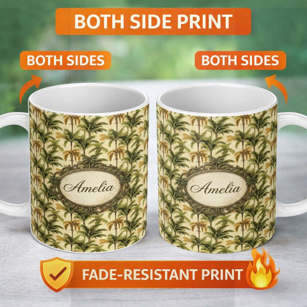Personalized Custom Name Classic Palm Tree Repeat Pattern in Olive and Golden Tones on Beige 11oz Ceramic Coffee Tea Mug White Large Handle