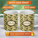 Personalized Custom Name Classic Palm Tree Repeat Pattern in Olive and Golden Tones on Beige 11oz Ceramic Coffee Tea Mug White Large Handle