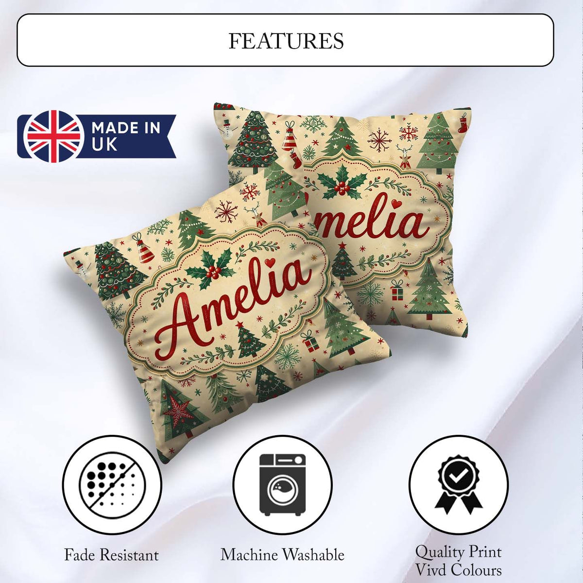 Custom Name Christmas Tree Star Folk Art Seamless Pattern Lovely Square Filled Cushion Throw Pillow Sofa Bed Home Decor Zip Washable UK Made