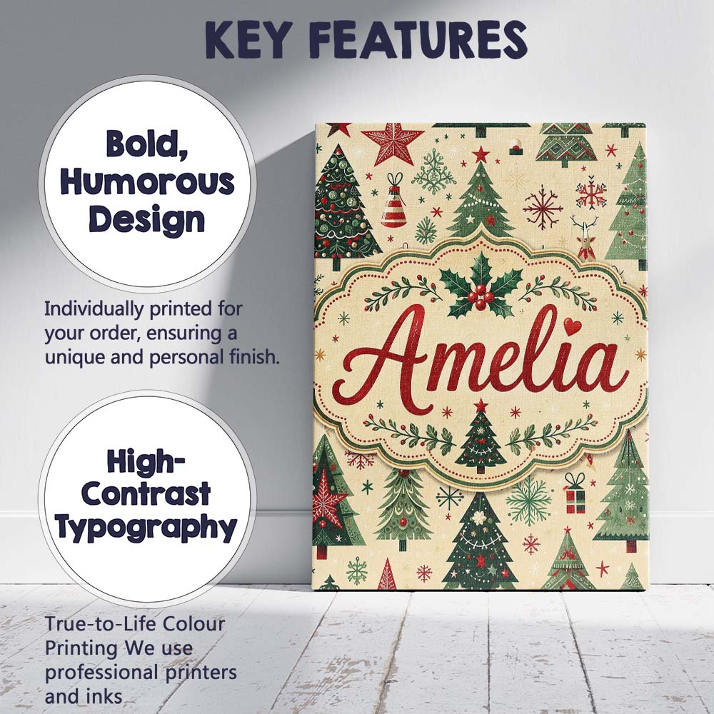 Personalised Name Christmas Tree Star Custom Modern Room Accent Creative Decorator Style Canvas Wall Art Print Decor Picture Ready to Hang