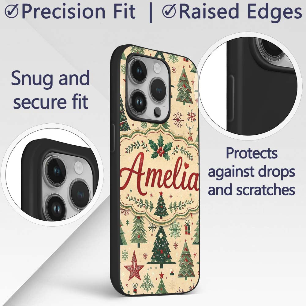 Christmas Tree Star Snowflake Folk Art Seamless Custom Name Protective Phone Case Mobile Cover Durable Everyday Smartphone Shock Resistant