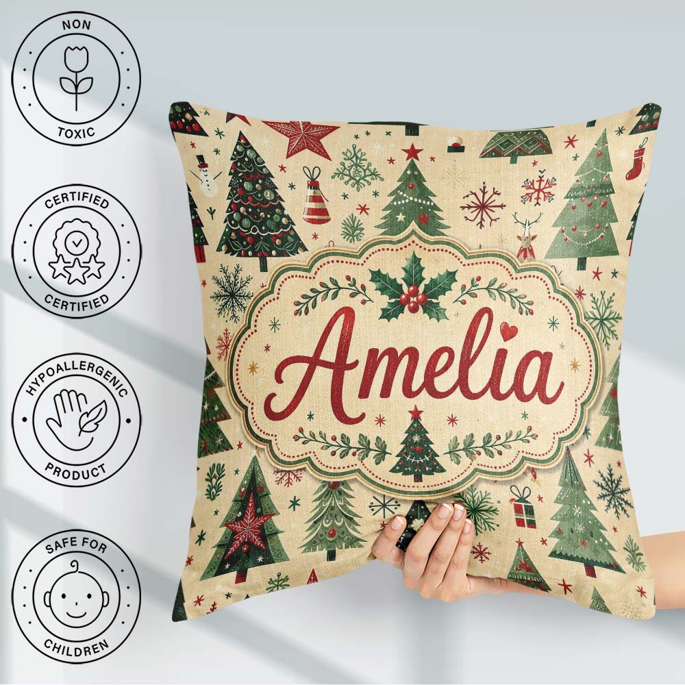 Custom Name Christmas Tree Star Folk Art Seamless Pattern Lovely Square Filled Cushion Throw Pillow Sofa Bed Home Decor Zip Washable UK Made