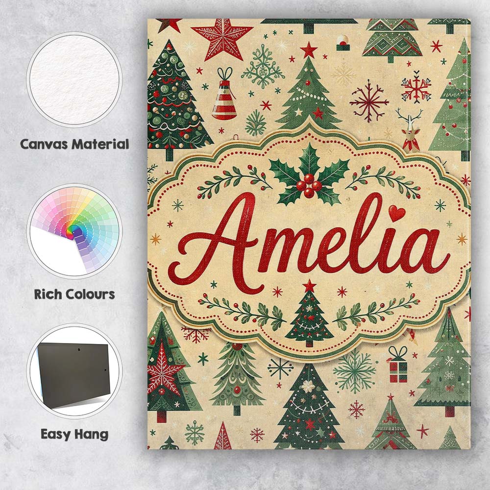 Personalised Name Christmas Tree Star Custom Modern Room Accent Creative Decorator Style Canvas Wall Art Print Decor Picture Ready to Hang