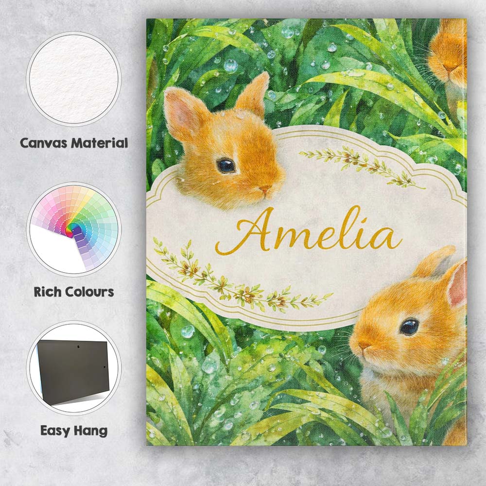 Personalised Name Watercolor Bunny in Leaves Seamless Pattern Cute Custom  Unique Canvas Wall Art Print Decor Picture Ready to Hang