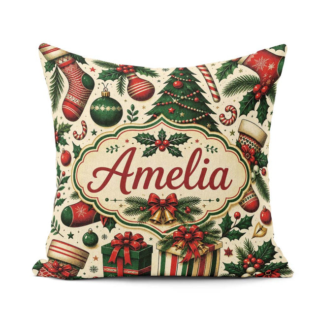 Custom Name Classic Christmas Tree Holly Berry Festive Seamless Square Filled Cushion Throw Pillow Sofa Bed Home Decor Zip Washable UK Made