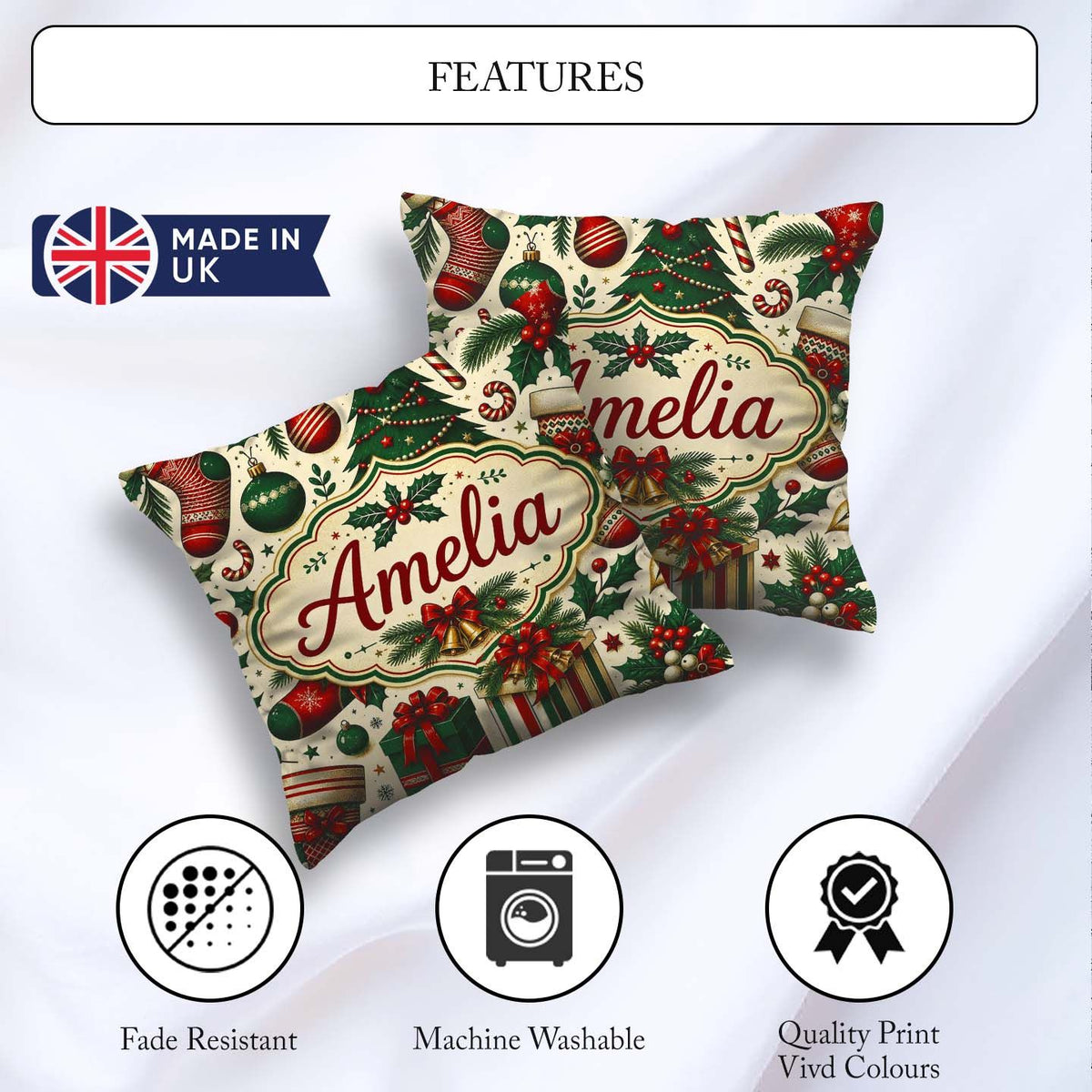 Custom Name Classic Christmas Tree Holly Berry Festive Seamless Square Filled Cushion Throw Pillow Sofa Bed Home Decor Zip Washable UK Made
