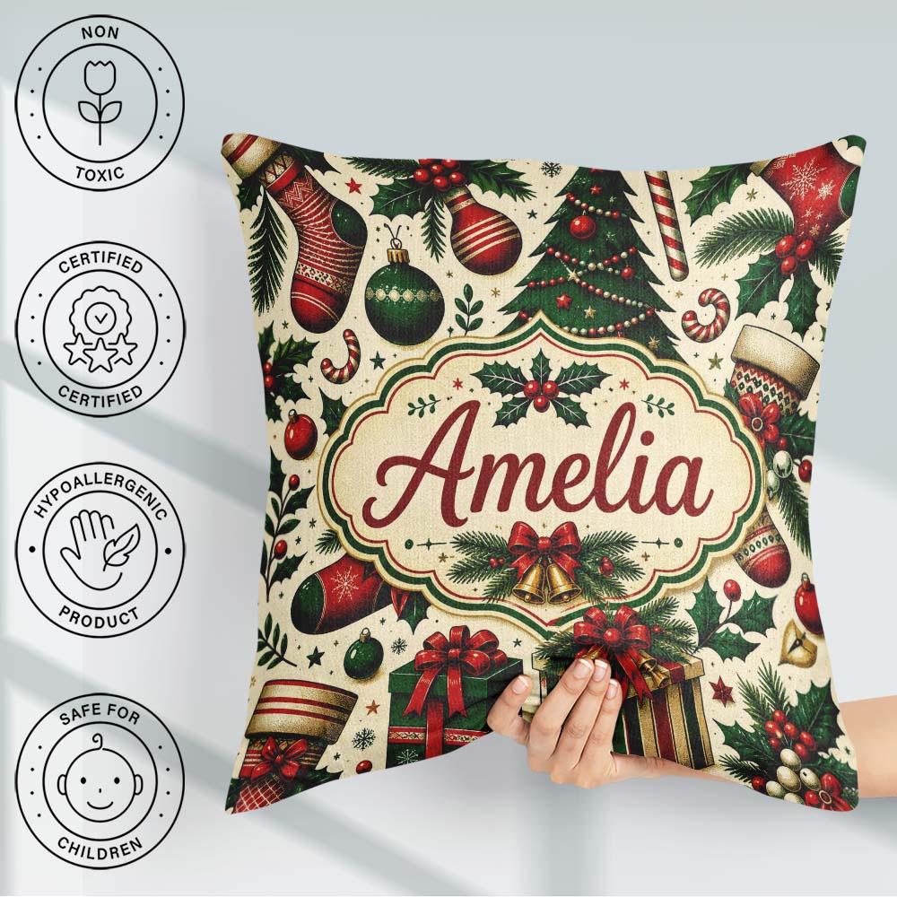 Custom Name Classic Christmas Tree Holly Berry Festive Seamless Square Filled Cushion Throw Pillow Sofa Bed Home Decor Zip Washable UK Made