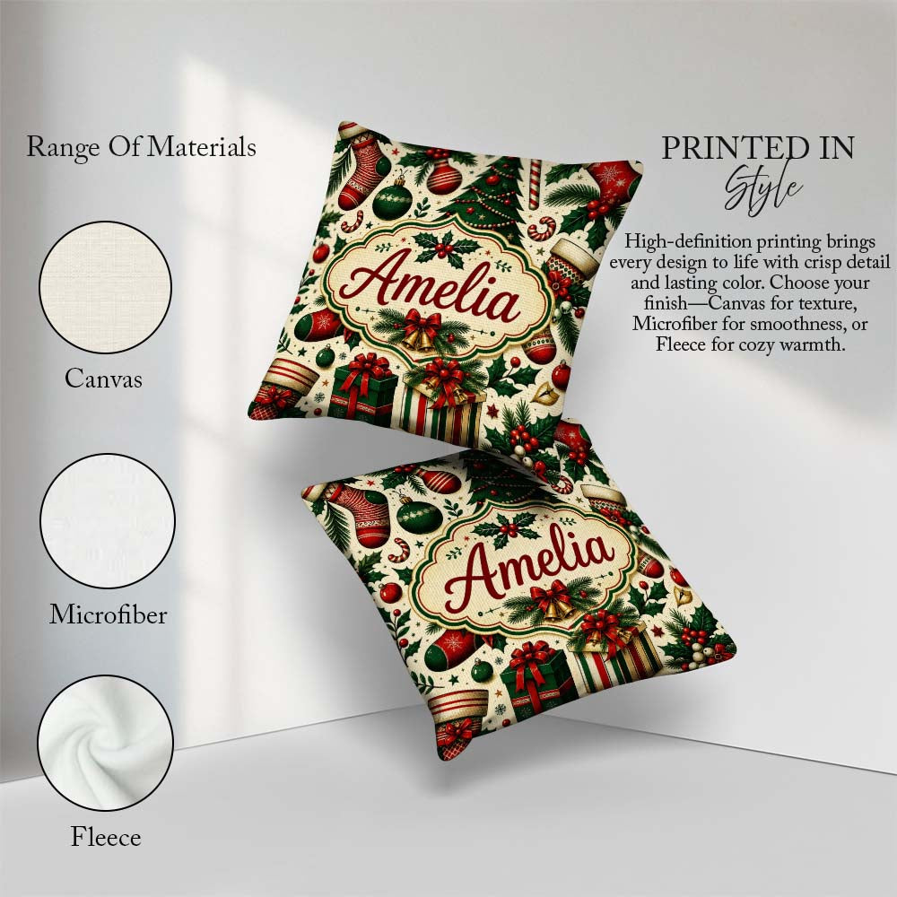 Custom Name Classic Christmas Tree Holly Berry Festive Seamless Square Filled Cushion Throw Pillow Sofa Bed Home Decor Zip Washable UK Made