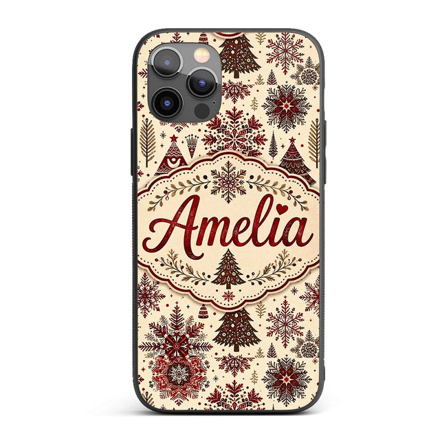 Red Christmas Snowflake Tree Folk Art Winter Custom Name Protective Phone Case Mobile Cover Durable Everyday Smartphone Shock Resistant