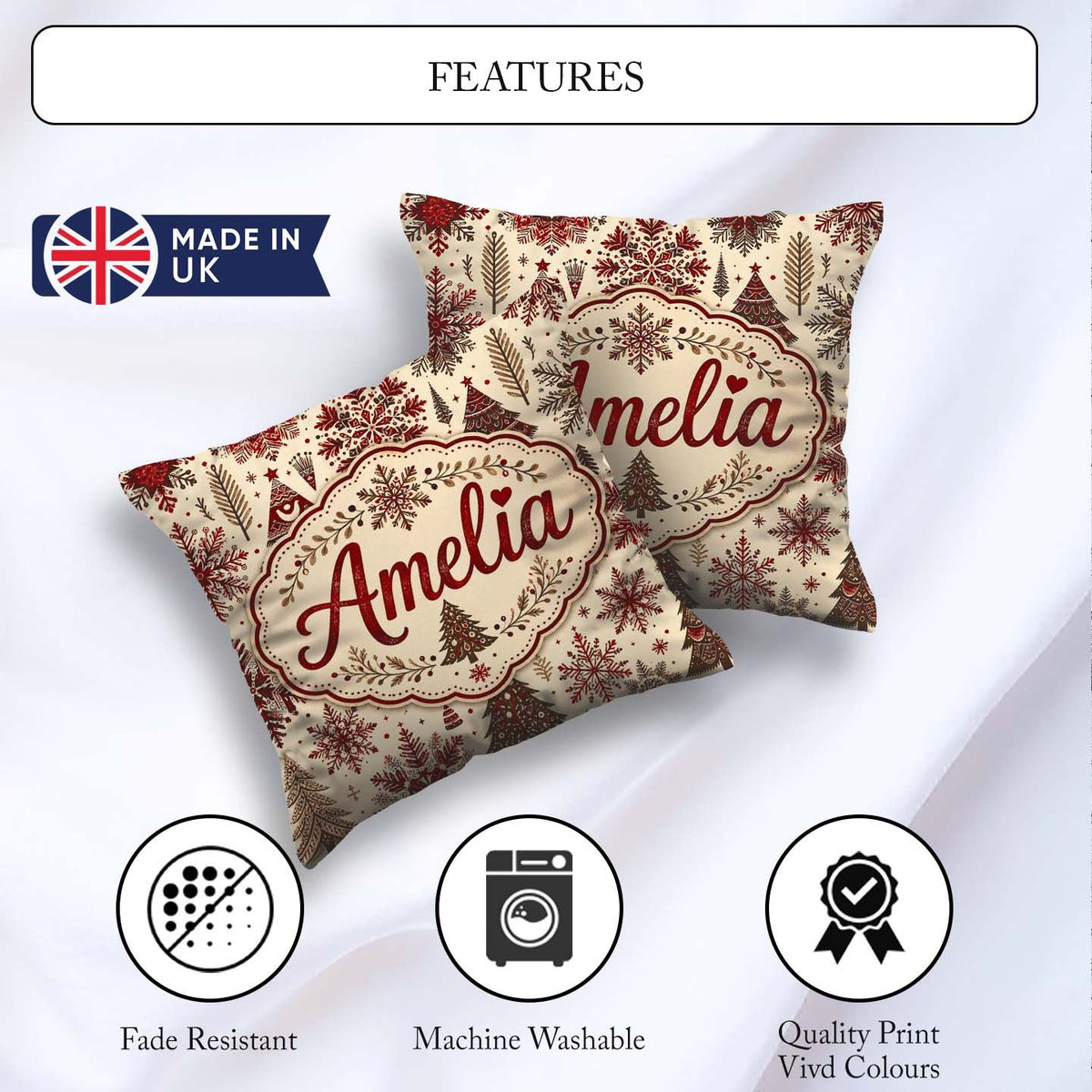 Custom Name Red Christmas Snowflake Tree Folk Art Winter Pattern Square Filled Cushion Throw Pillow Sofa Bed Home Decor Zip Washable UK Made
