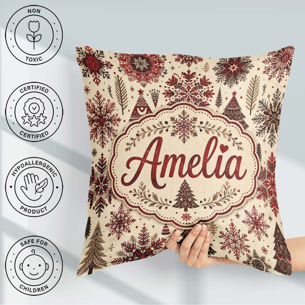 Custom Name Red Christmas Snowflake Tree Folk Art Winter Pattern Square Filled Cushion Throw Pillow Sofa Bed Home Decor Zip Washable UK Made