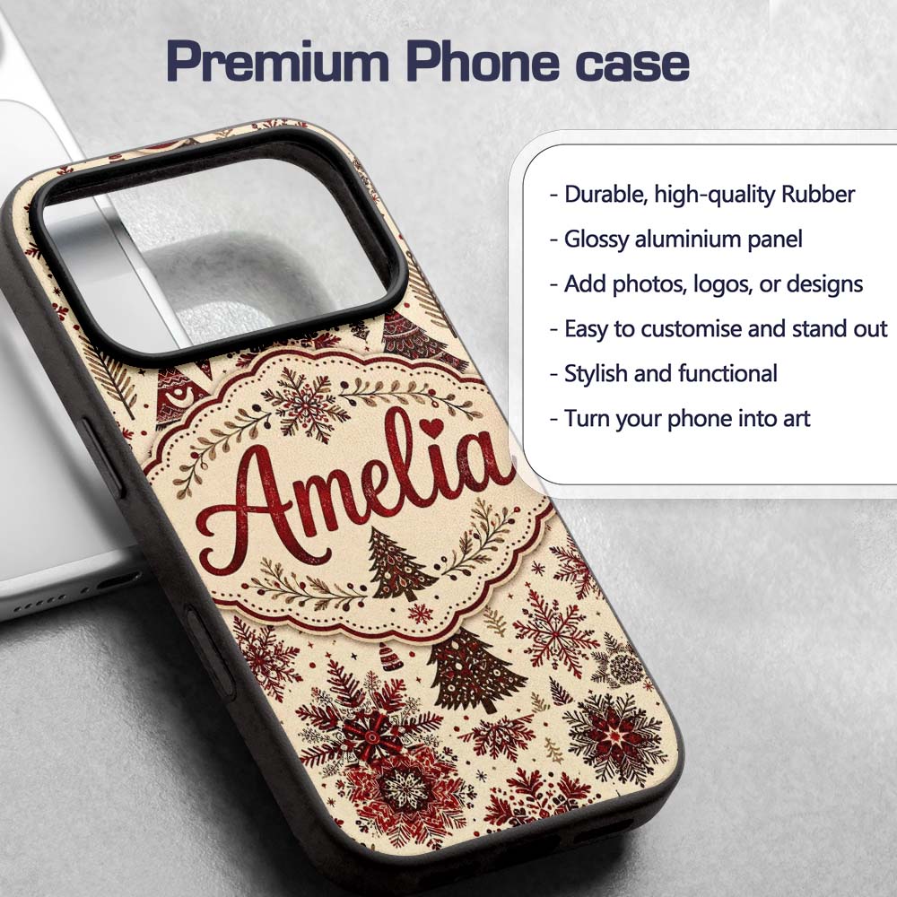 Red Christmas Snowflake Tree Folk Art Winter Custom Name Protective Phone Case Mobile Cover Durable Everyday Smartphone Shock Resistant