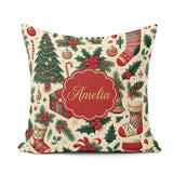 Custom Name Christmas Holly Stocking Candy Cane Festive Seamless Square Filled Cushion Throw Pillow Sofa Bed Home Decor Zip Washable UK Made
