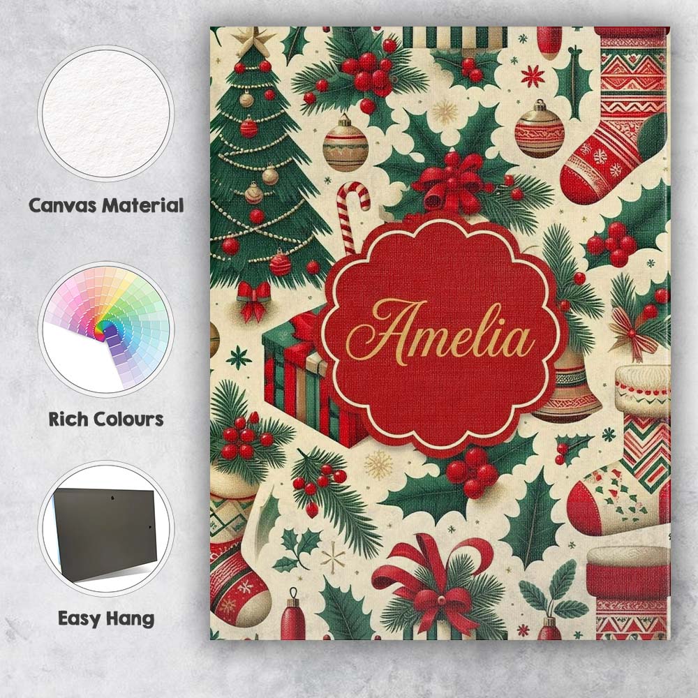 Personalised Name Christmas Holly Custom  Modern Room Accent Contemporary Display Canvas Wall Art Print Decor Picture Ready to Hang