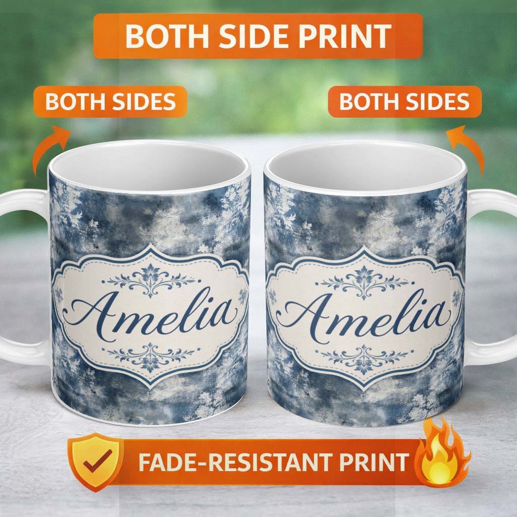 Personalized Custom Name Vintage Blue Watercolour Floral Toile Seamless Pattern with Lovely 11oz Ceramic Coffee Tea Mug White Large Handle