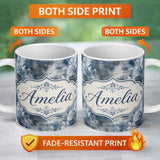 Personalized Custom Name Vintage Blue Watercolour Floral Toile Seamless Pattern with Lovely 11oz Ceramic Coffee Tea Mug White Large Handle