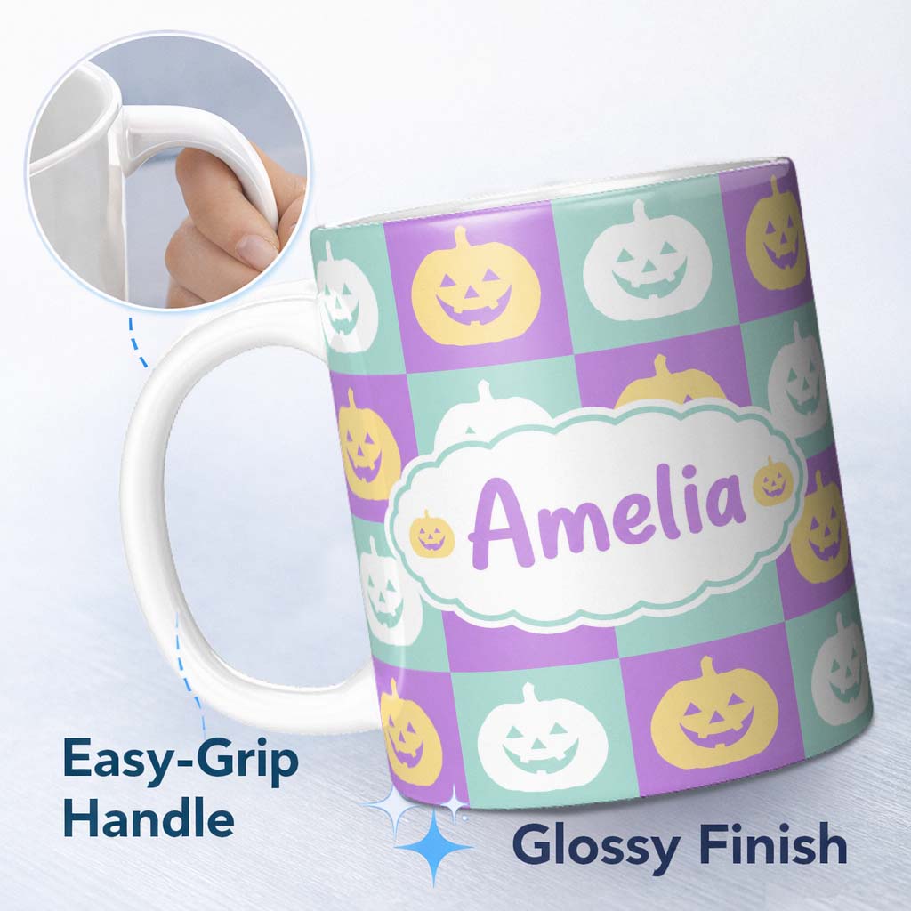 Personalized Custom Name Pastel Pumpkin Faces on Mint and Lavender Background Seamless Lovely 11oz Ceramic Coffee Tea Mug White Large Handle