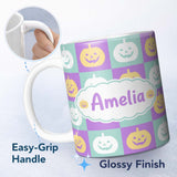 Personalized Custom Name Pastel Pumpkin Faces on Mint and Lavender Background Seamless Lovely 11oz Ceramic Coffee Tea Mug White Large Handle