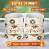 Personalized Custom Name Festive Christmas Wreath Pinecone Ribbon Snowflake Seamless Pattern 11oz Ceramic Coffee Tea Mug White Large Handle