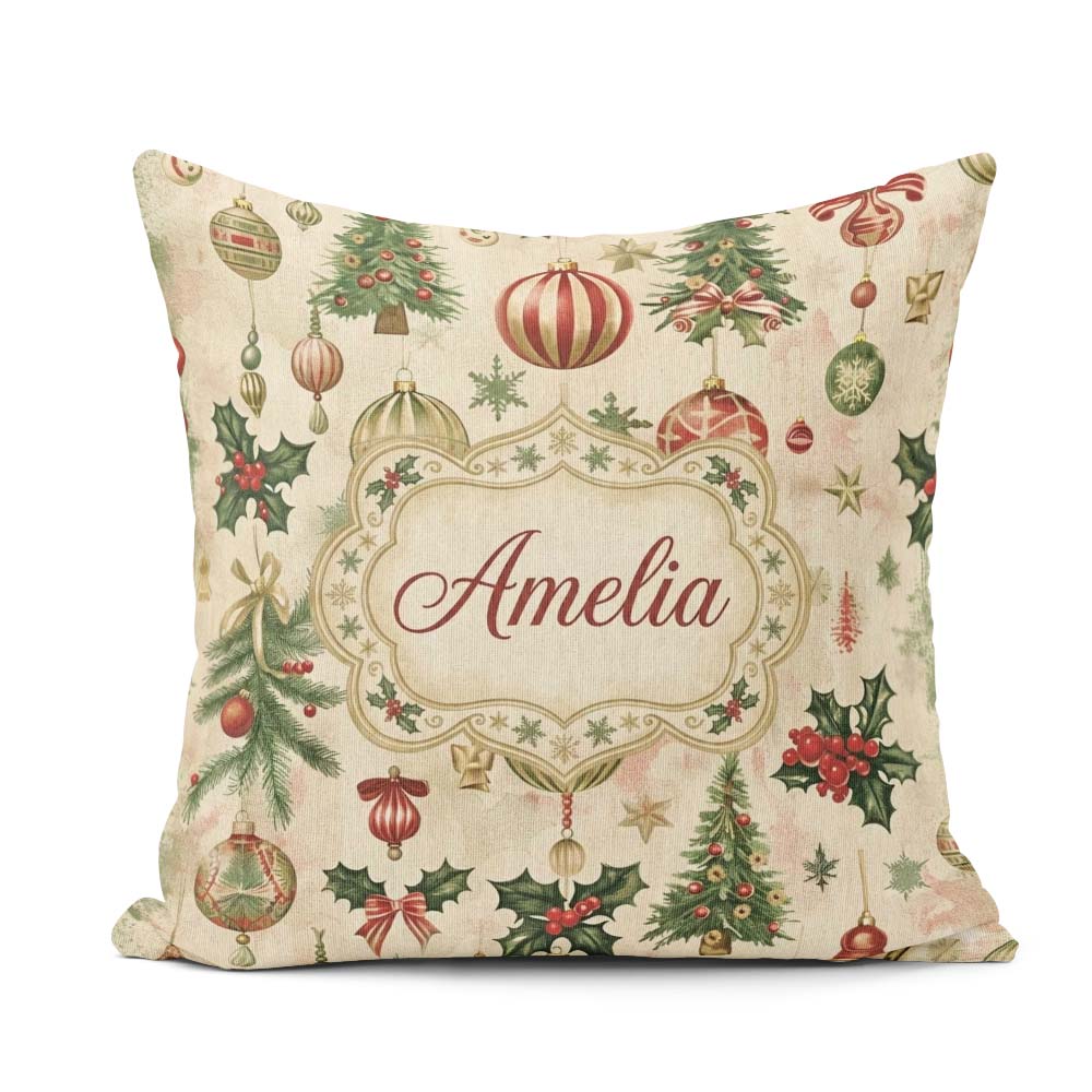 Custom Name Classic Hanging Christmas Bauble Tree Holly Seamless Square Filled Cushion Throw Pillow Sofa Bed Home Decor Zip Washable UK Made