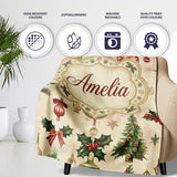 Classic Hanging Christmas Bauble Tree Holly Elegant Seamless Pattern  Personalised Custom Name Super Soft Fleece Blanket Bed Sofa Throw