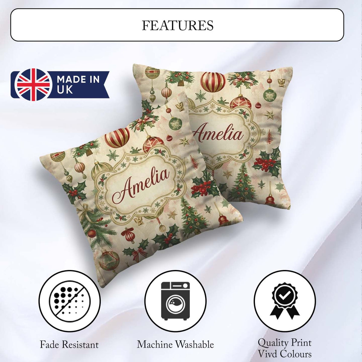 Custom Name Classic Hanging Christmas Bauble Tree Holly Seamless Square Filled Cushion Throw Pillow Sofa Bed Home Decor Zip Washable UK Made