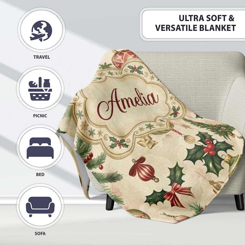 Classic Hanging Christmas Bauble Tree Holly Elegant Seamless Pattern  Personalised Custom Name Super Soft Fleece Blanket Bed Sofa Throw