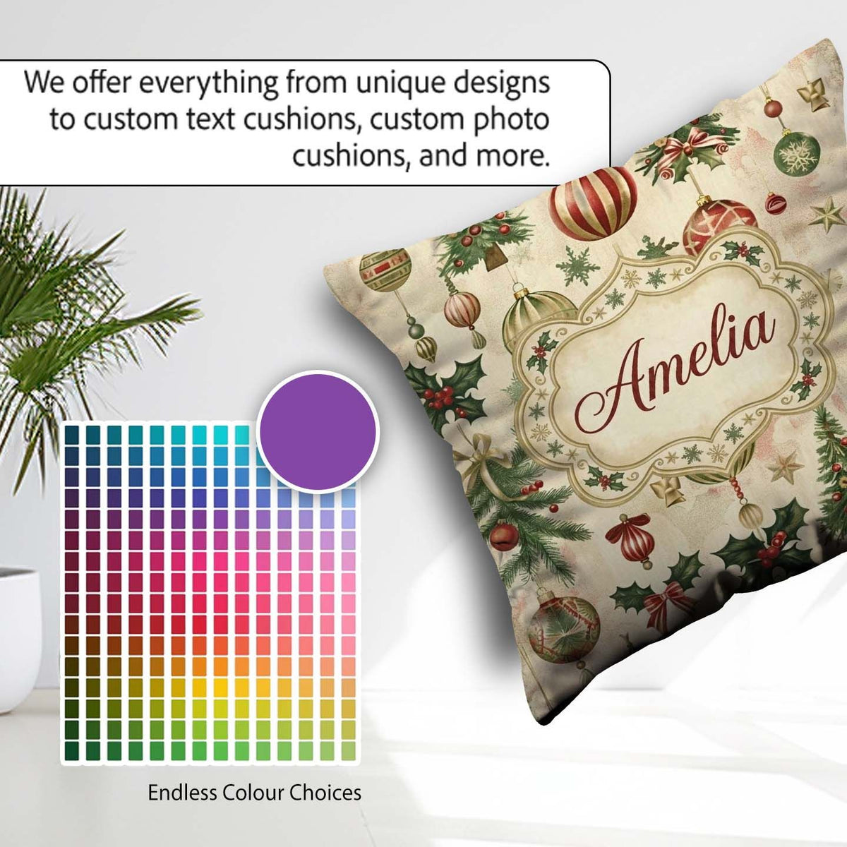 Custom Name Classic Hanging Christmas Bauble Tree Holly Seamless Square Filled Cushion Throw Pillow Sofa Bed Home Decor Zip Washable UK Made