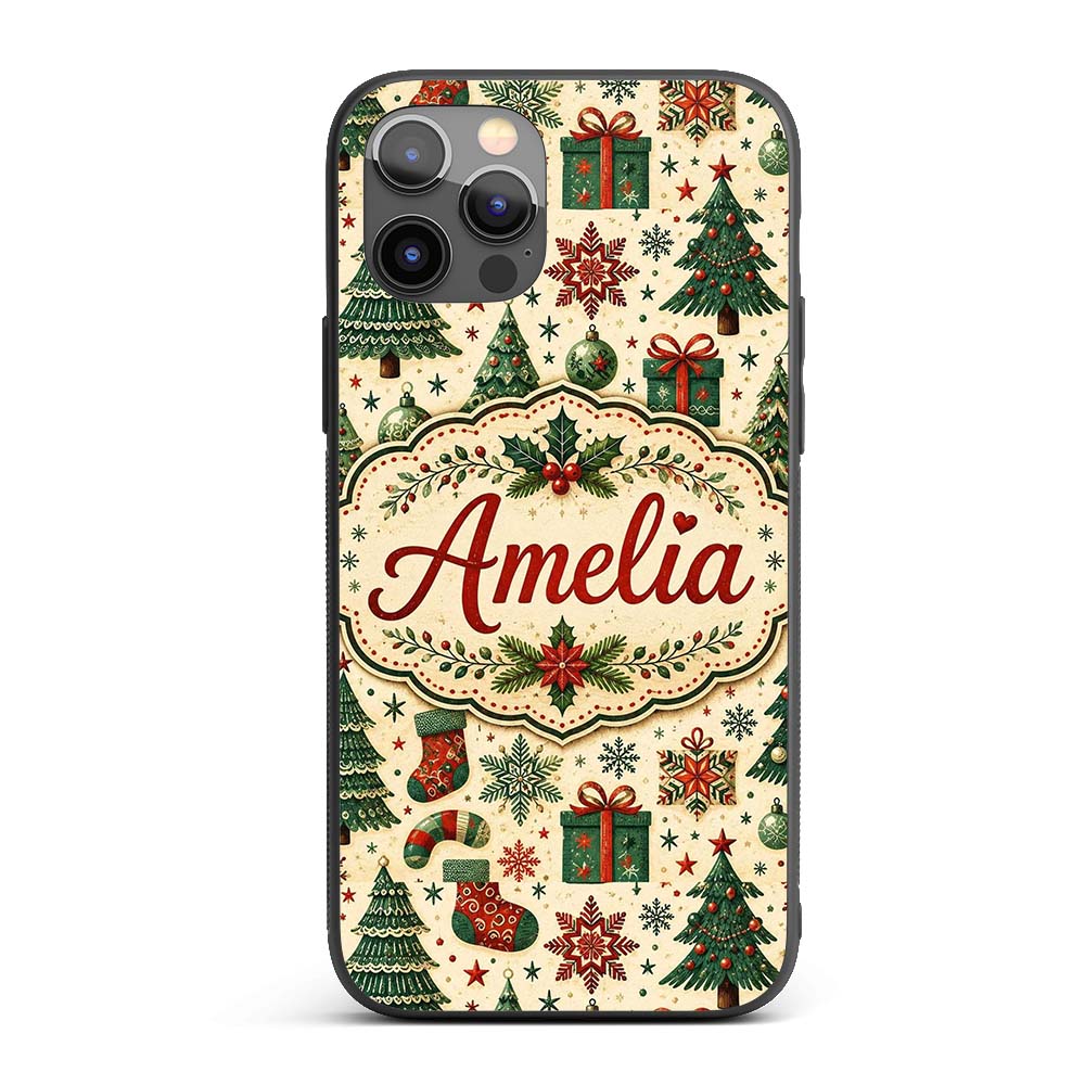 Vintage Snowman Candy Cane Christmas Tree Cute Custom Name Protective Phone Case Mobile Cover Durable Everyday Smartphone Shock Resistant