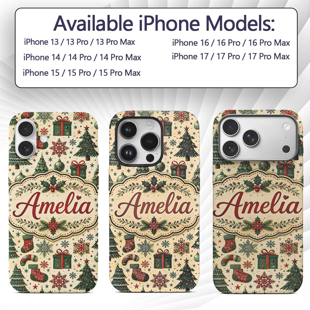 Vintage Snowman Candy Cane Christmas Tree Cute Custom Name Protective Phone Case Mobile Cover Durable Everyday Smartphone Shock Resistant