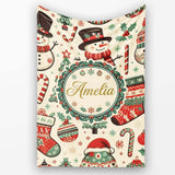 Festive Christmas Tree Stocking Snowman Holiday Seamless Pattern  Personalised Custom Name Super Soft Fleece Blanket Bed Sofa Throw