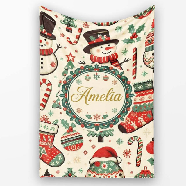 Festive Christmas Tree Stocking Snowman Holiday Seamless Pattern  Personalised Custom Name Super Soft Fleece Blanket Bed Sofa Throw