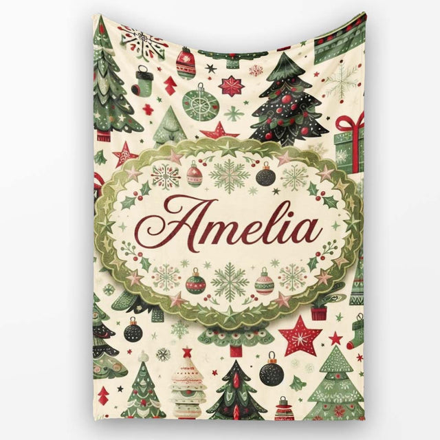 Elegant Christmas Tree Star Snowflake Gift Festive Seamless Pattern  Personalised Custom Name Super Soft Fleece Blanket Bed Sofa Throw