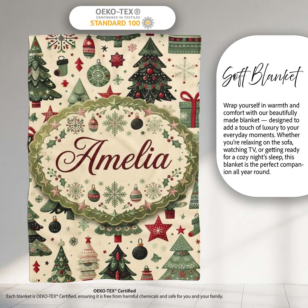 Elegant Christmas Tree Star Snowflake Gift Festive Seamless Pattern  Personalised Custom Name Super Soft Fleece Blanket Bed Sofa Throw