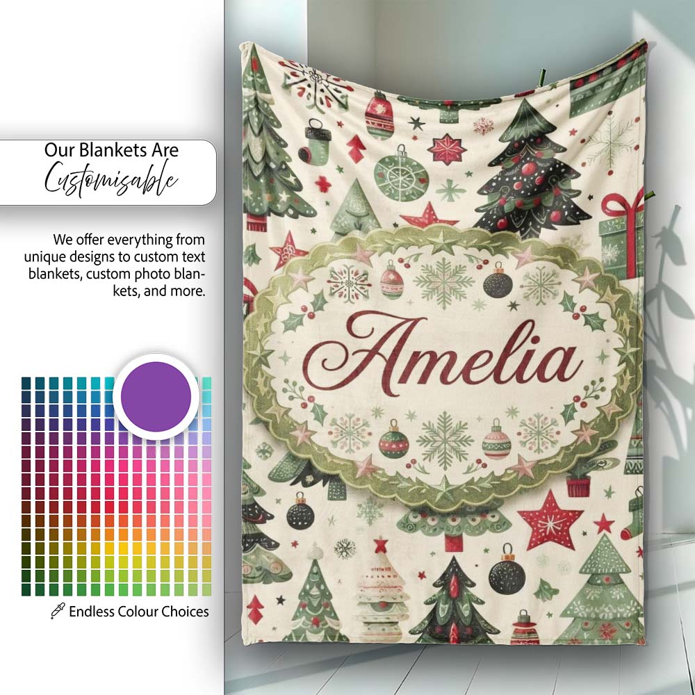 Elegant Christmas Tree Star Snowflake Gift Festive Seamless Pattern  Personalised Custom Name Super Soft Fleece Blanket Bed Sofa Throw
