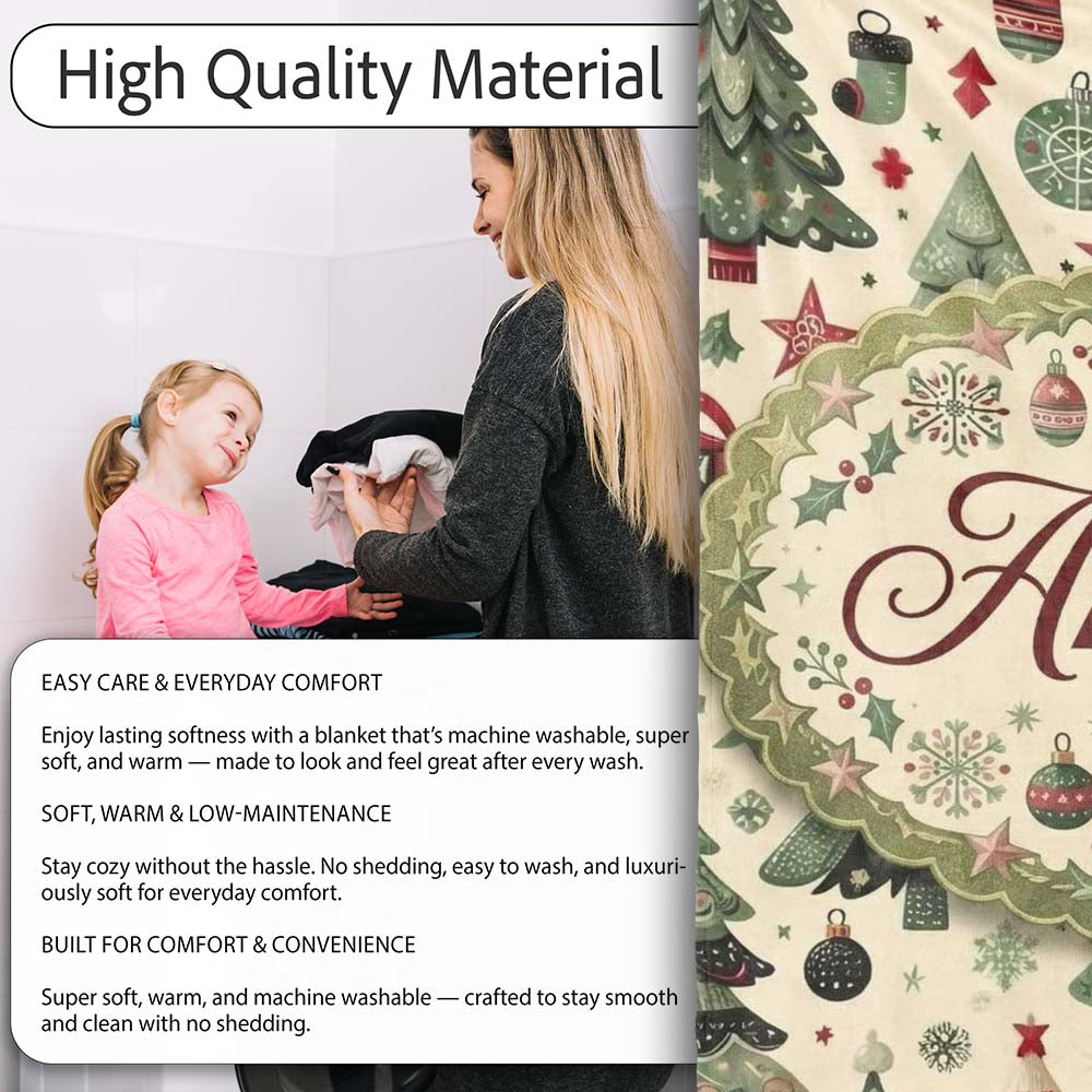 Elegant Christmas Tree Star Snowflake Gift Festive Seamless Pattern  Personalised Custom Name Super Soft Fleece Blanket Bed Sofa Throw