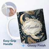 Personalized Custom Name Golden Celestial Floral Swirl Stars Night Seamless Pattern Lovely 11oz Ceramic Coffee Tea Mug White Large Handle