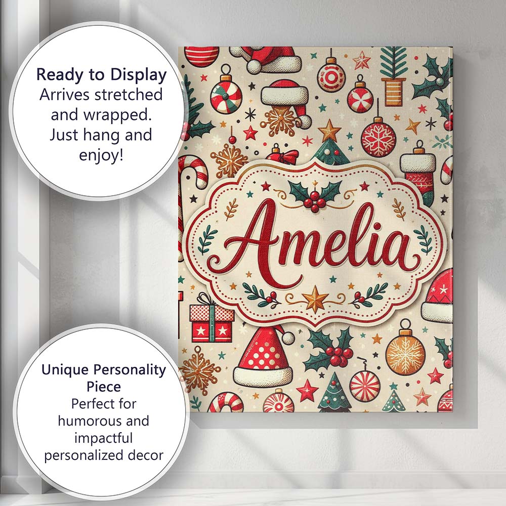 Personalised Name Cute Christmas Tree Santa Custom  Bespoke Interior Contemporary Canvas Wall Art Print Decor Picture Ready to Hang