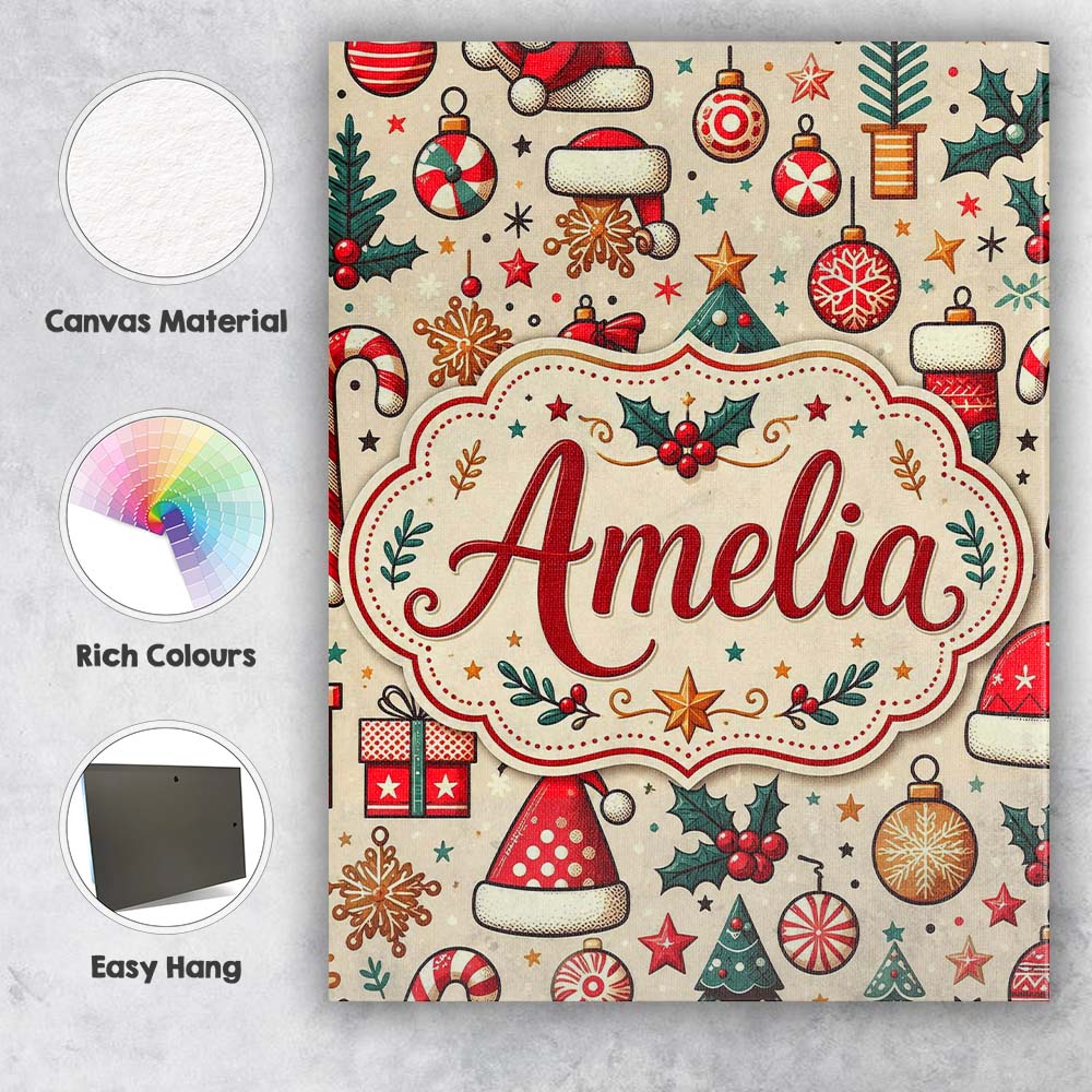 Personalised Name Cute Christmas Tree Santa Custom  Bespoke Interior Contemporary Canvas Wall Art Print Decor Picture Ready to Hang