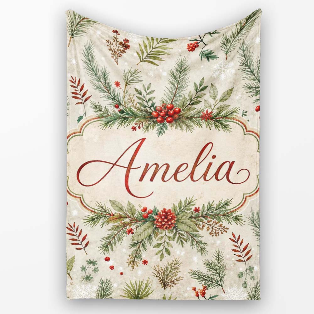 Winter Botanical Pine Branch Berry Snowflake Seamless Pattern Lovely  Personalised Custom Name Super Soft Fleece Blanket Bed Sofa Throw