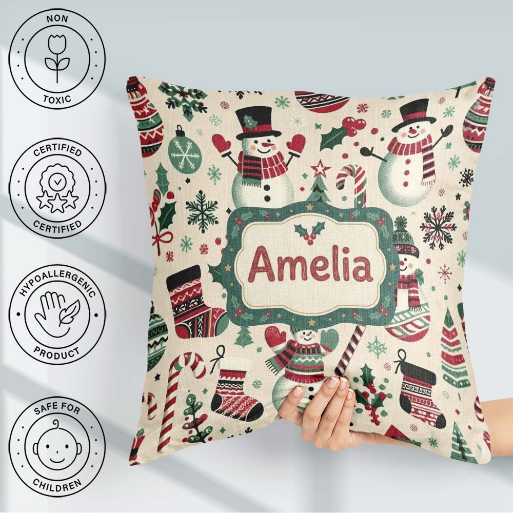 Custom Name Snowman Cane Christmas Tree Festive Seamless Pattern Square Filled Cushion Throw Pillow Sofa Bed Home Decor Zip Washable UK Made