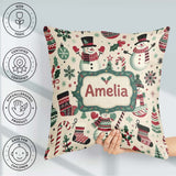 Custom Name Snowman Cane Christmas Tree Festive Seamless Pattern Square Filled Cushion Throw Pillow Sofa Bed Home Decor Zip Washable UK Made