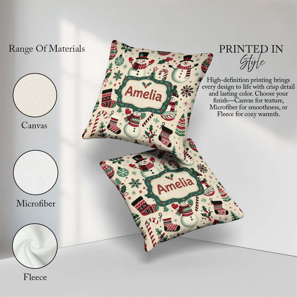 Custom Name Snowman Cane Christmas Tree Festive Seamless Pattern Square Filled Cushion Throw Pillow Sofa Bed Home Decor Zip Washable UK Made