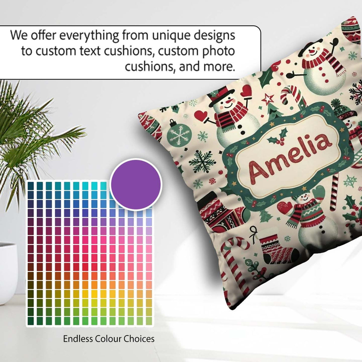 Custom Name Snowman Cane Christmas Tree Festive Seamless Pattern Square Filled Cushion Throw Pillow Sofa Bed Home Decor Zip Washable UK Made