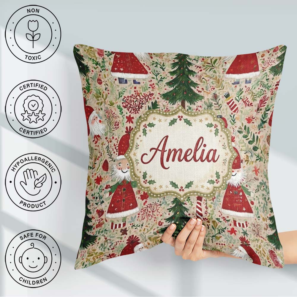 Custom Name Christmas Gnome Santa Tree Holiday Festive Seamless Square Filled Cushion Throw Pillow Sofa Bed Home Decor Zip Washable UK Made